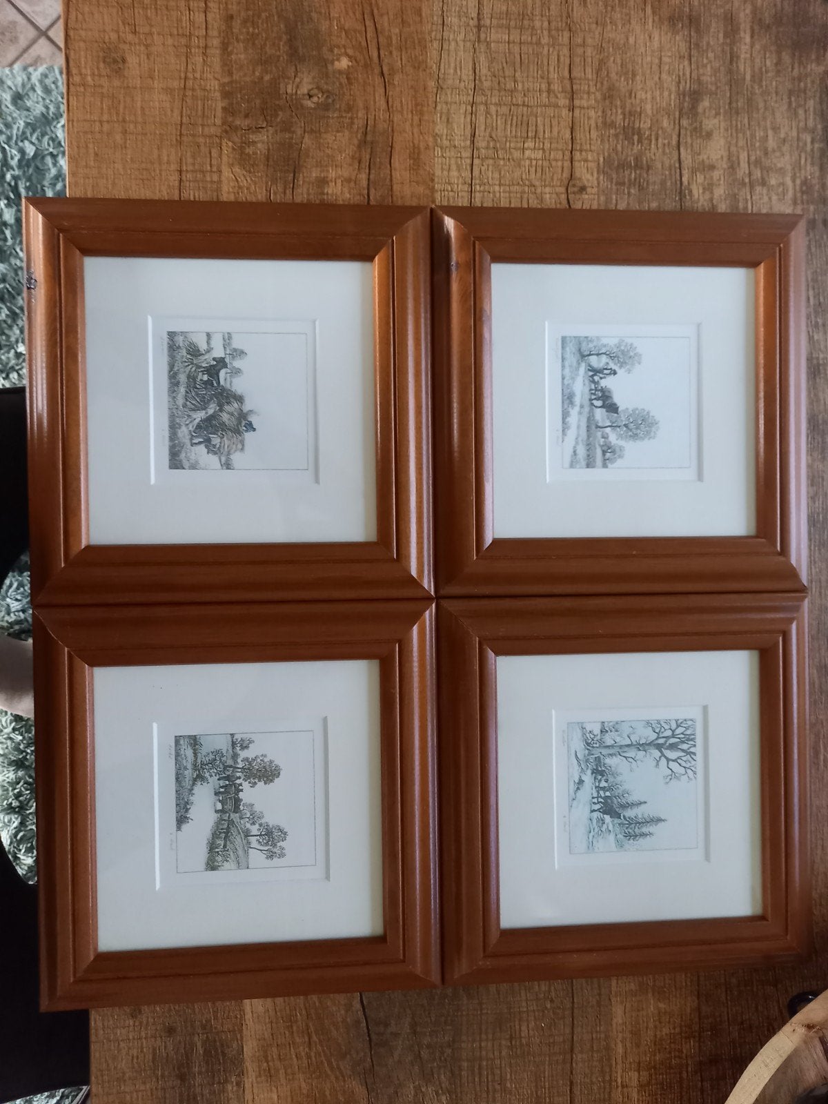 Set van 4 ingelijste etsen met landelijke taferelen, Antiek en Kunst, Ingelijst, Ophalen of Verzenden, Landschap, 1950 - 1999