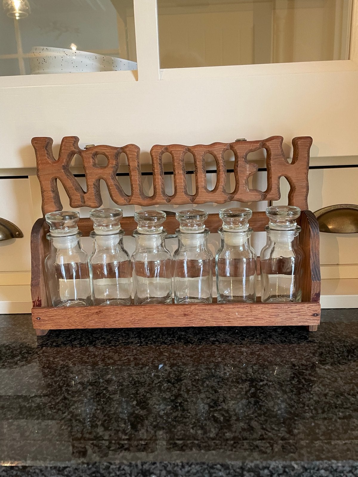 Antiek houten kruidenrekje met 6 glazen potjes, Ophalen of Verzenden
