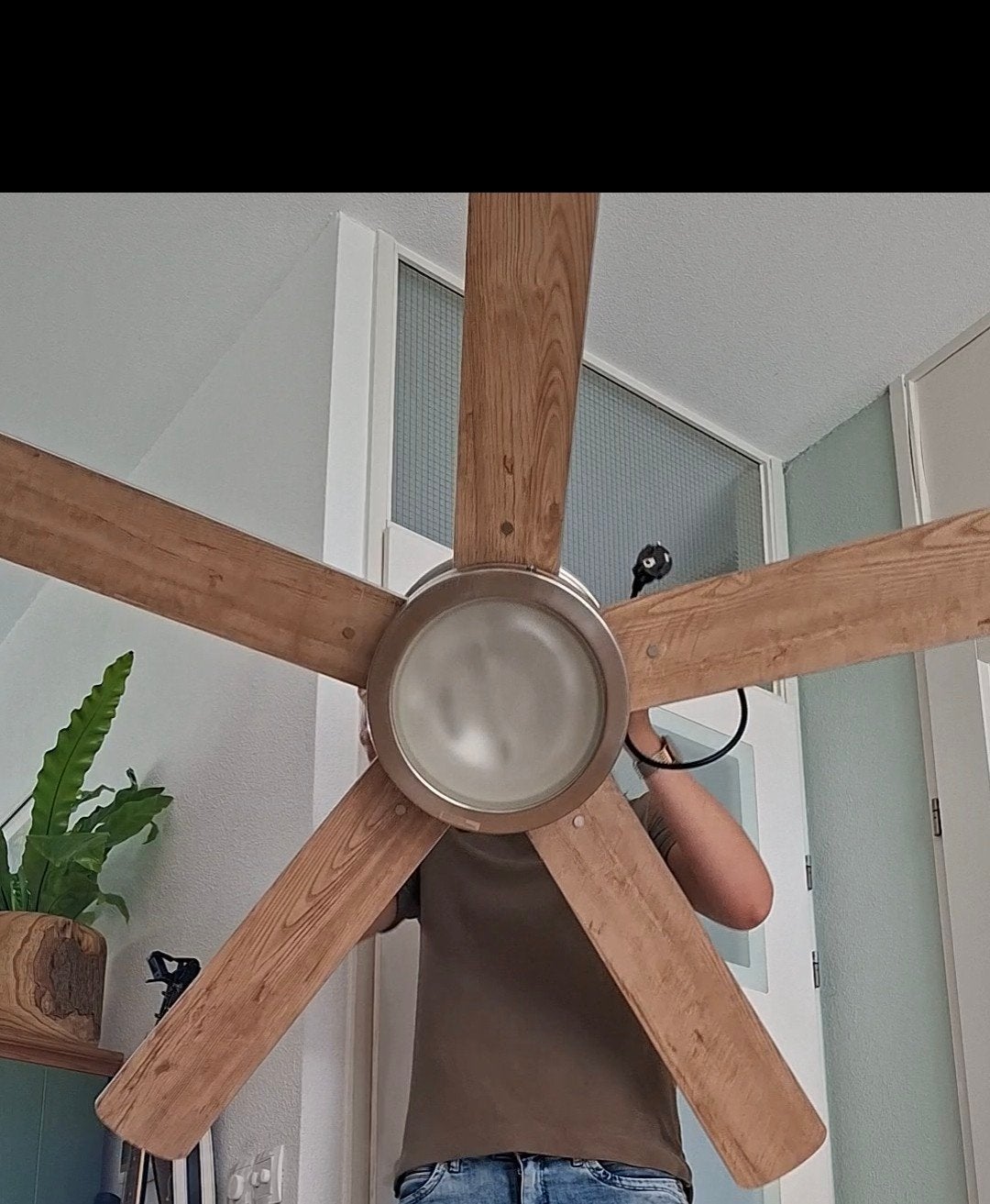 Plafondventilator staal / houtlook, Ophalen, Ventilator met afstandsbediening, Gebruikt, Plafondventilator