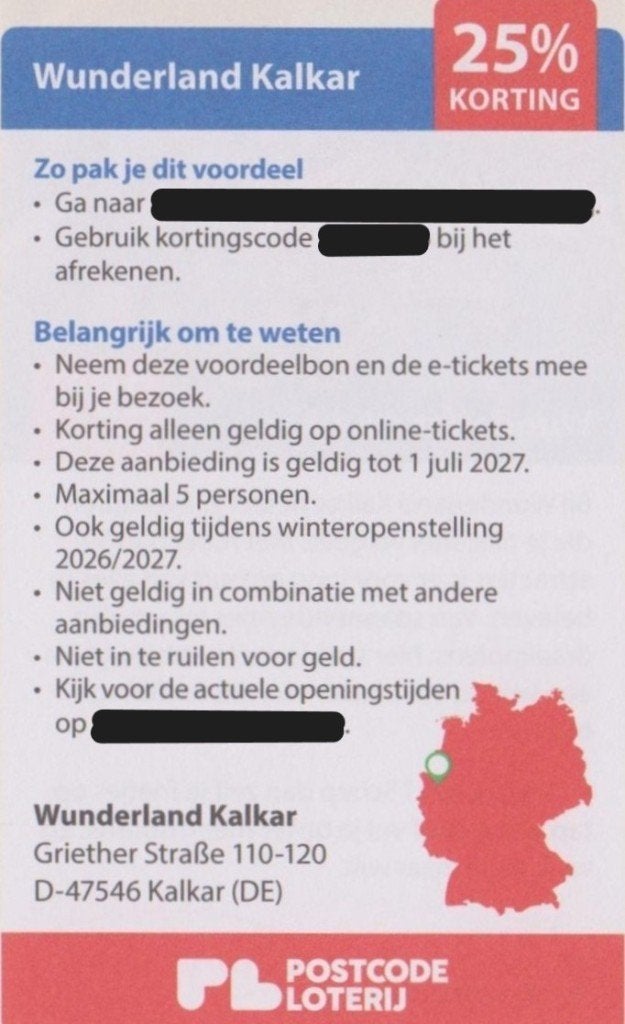 Wunderland Kalkar 25% korting. Postcodeloterij voordeelbon., Drie personen of meer, Kortingskaart