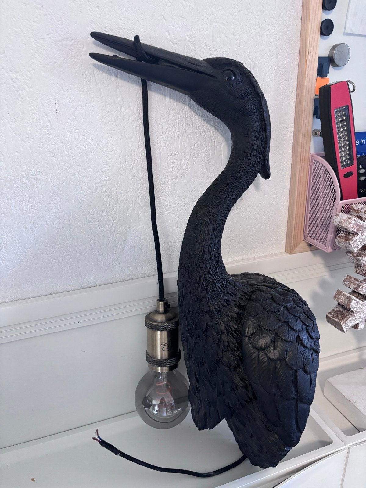 Unieke Design Kraanvogel Lamp - Zwart voor Binnen, Met schakelaar, Kunststof, Zwart, Zo goed als nieuw