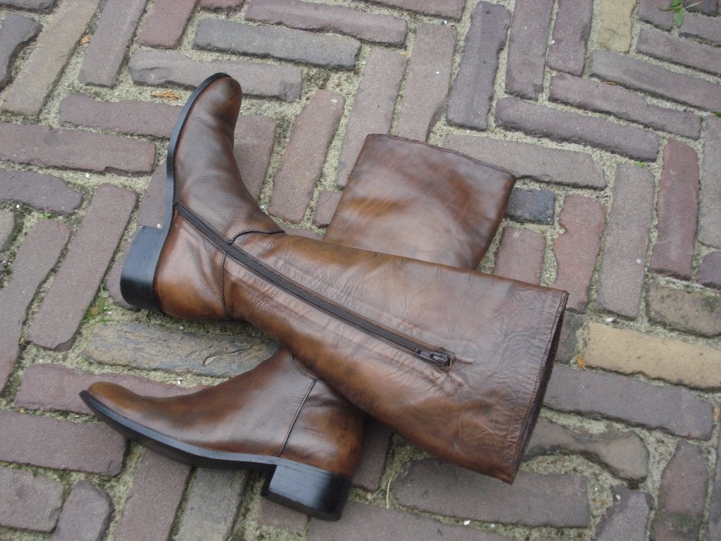 GRATIS VERZENDEN LUXE GEVLAMDE LEREN VINTAGE LAARZEN 37, Hoge laarzen, Overige kleuren, Vintage Dressing, Verzenden