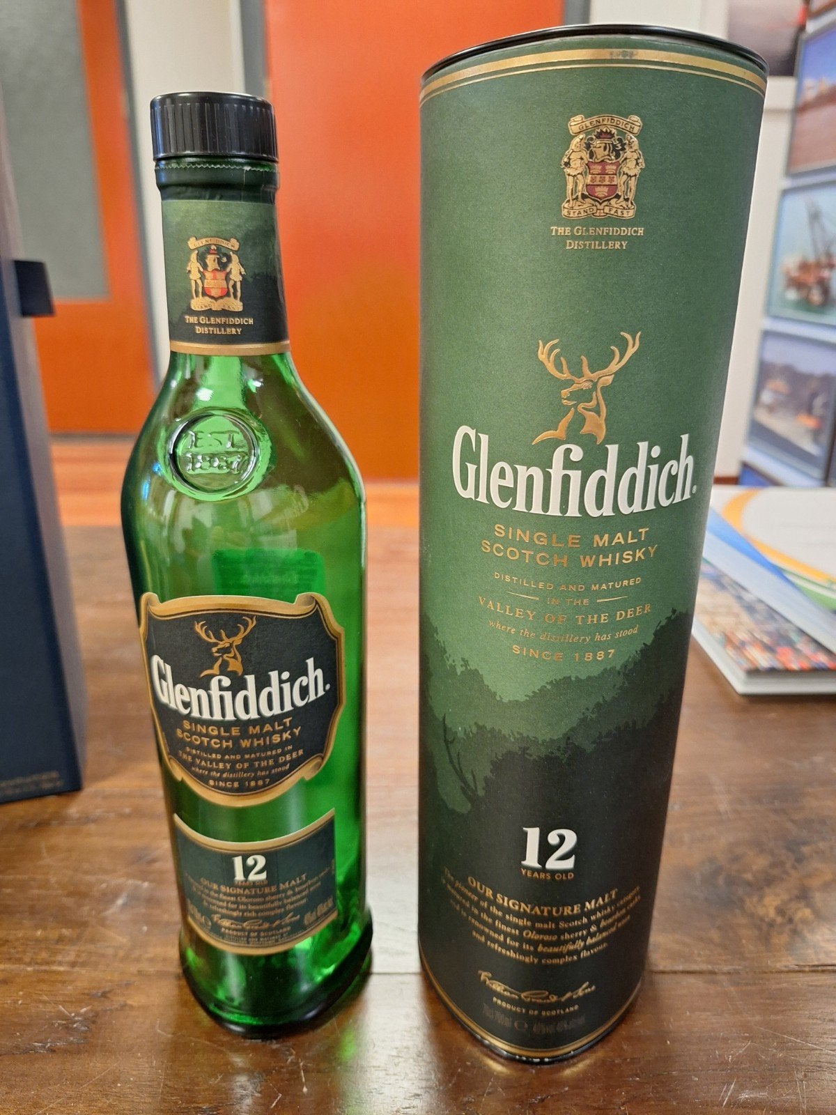 Lege Glenfiddich Single Malt Whisky fles met koker, Ophalen of Verzenden, Gebruikt