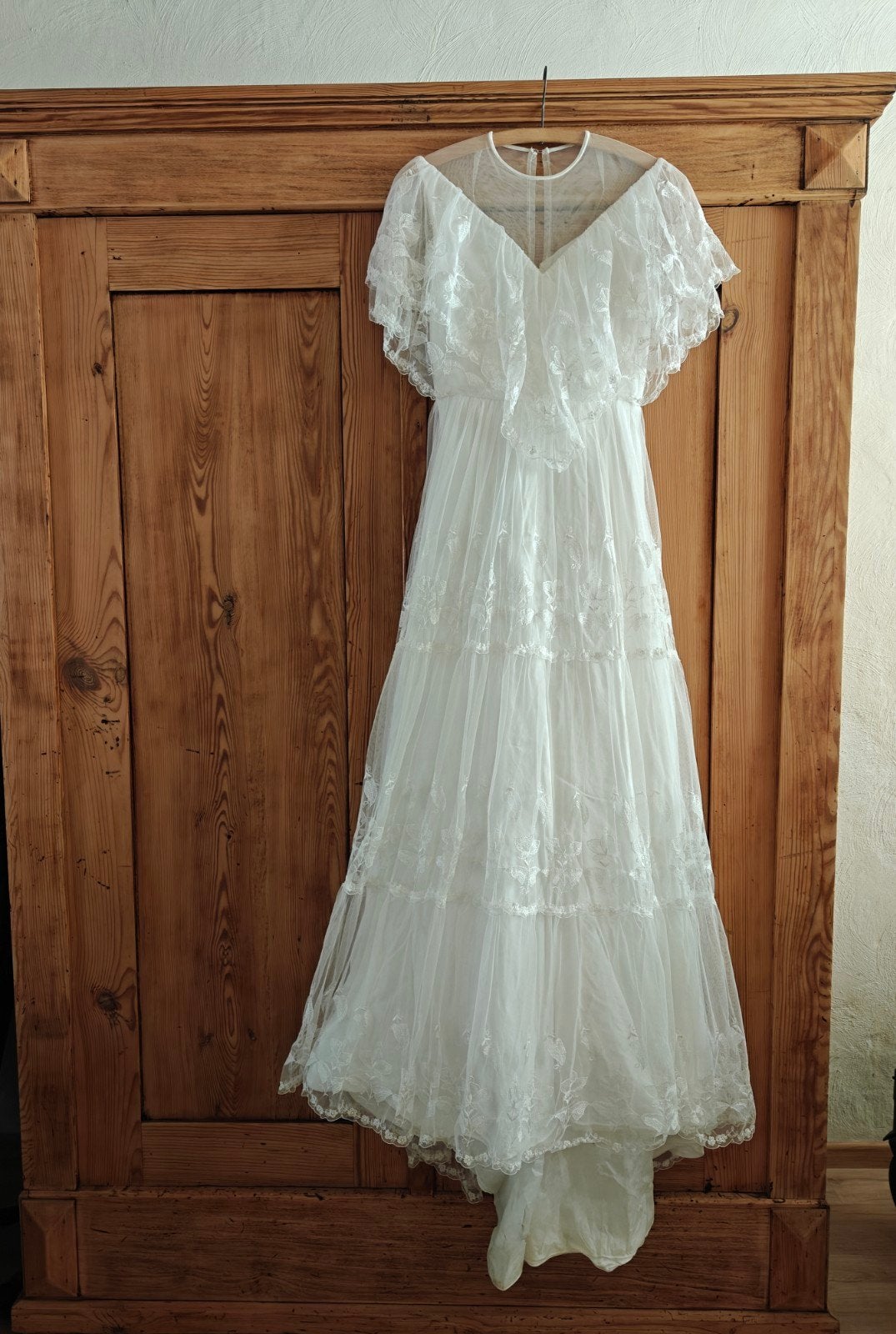 Vintage D'art trouwjurk jaren '70/'80 met geborduurde tule, Trouwjurk, Wit, D'art pret a porter, Ophalen of Verzenden