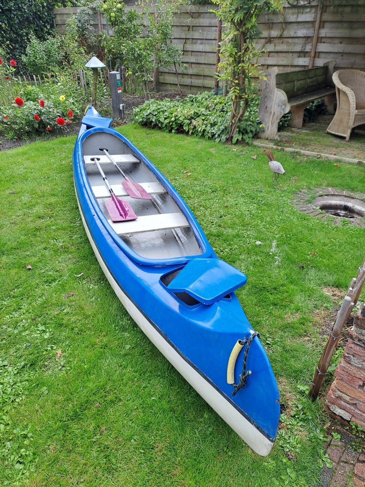 Canadees open kano 5 meter 3 persoons, Watersport en Boten, Ophalen, Gebruikt, Canadese kano of Open kano, Met peddels