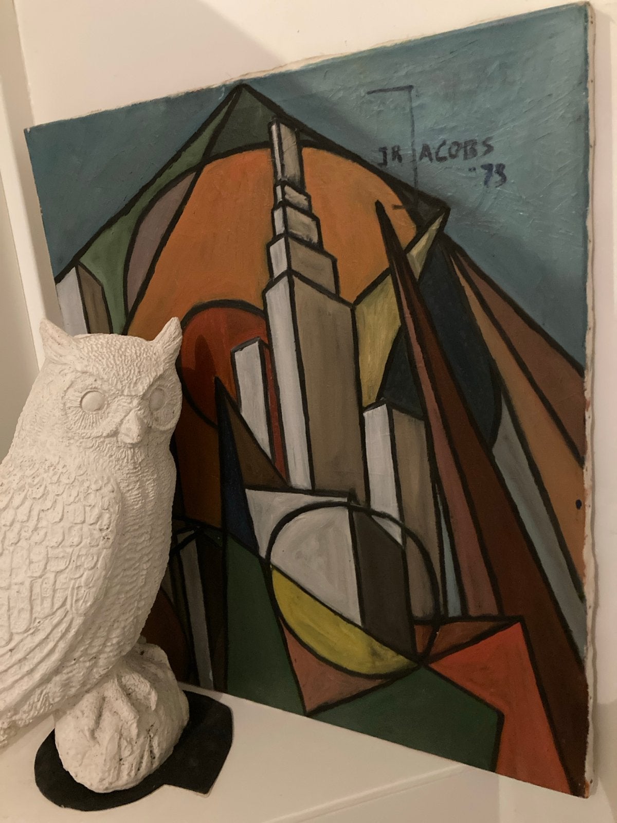 Abstract Schilderij J.R. Jacobs '73 - Stadsgezicht, Antiek en Kunst, Ophalen of Verzenden