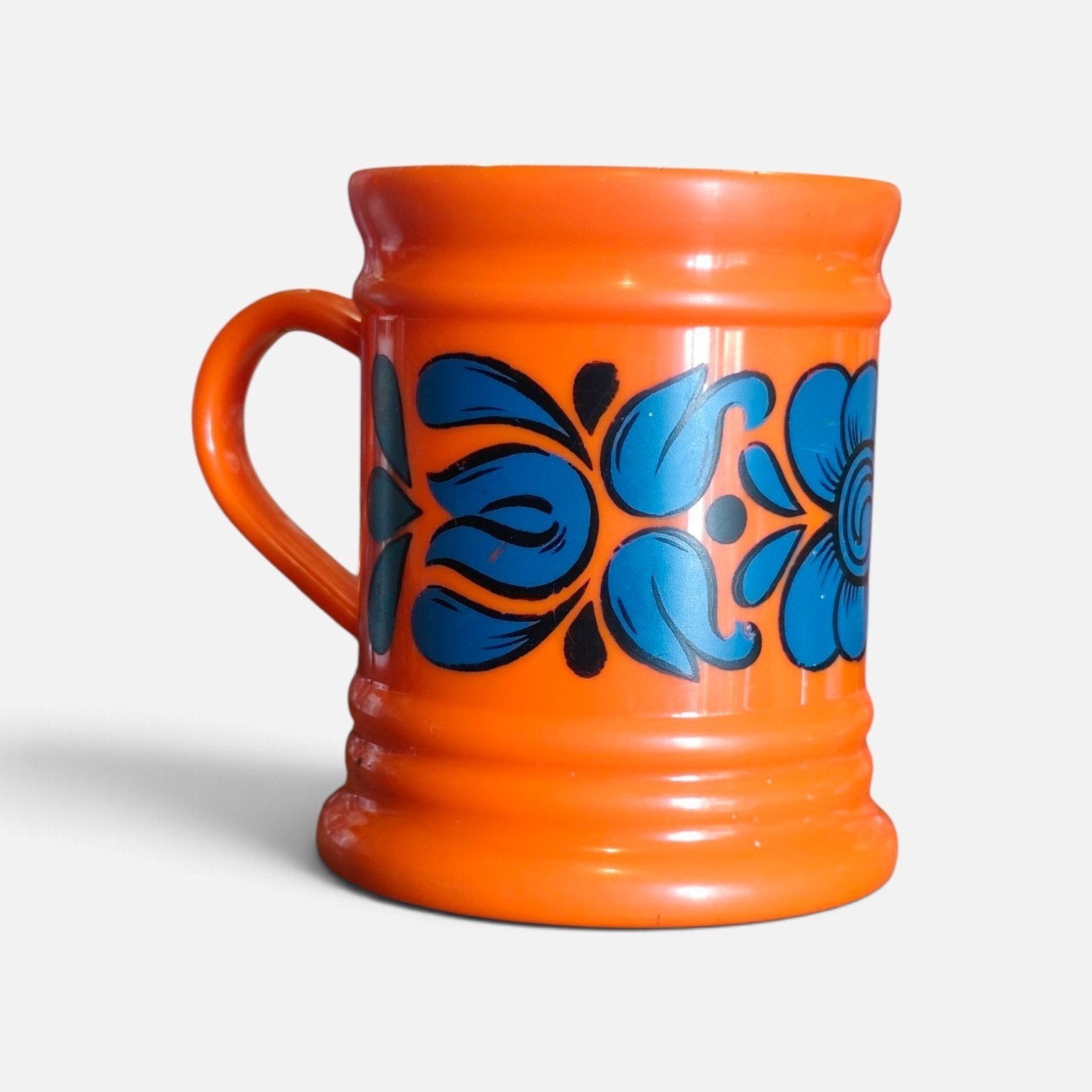 Vintage Oranje Mok met Blauw Bloemenpatroon, Ophalen of Verzenden