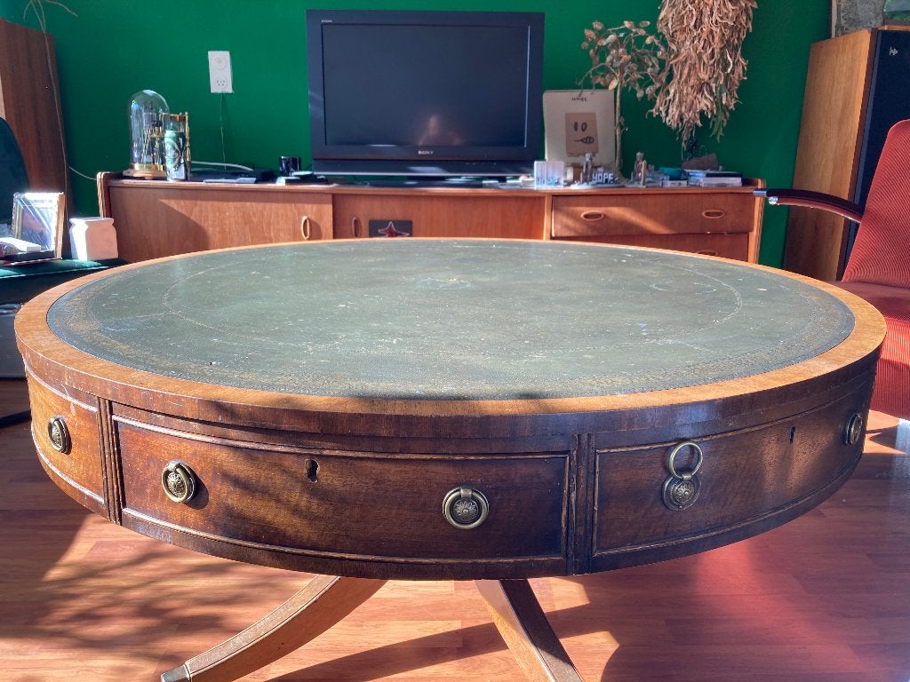 Prachtige Antieke Lederen Salontafel Rond en Groen, Ophalen, Gebruikt, 50 tot 100 cm, 50 tot 100 cm