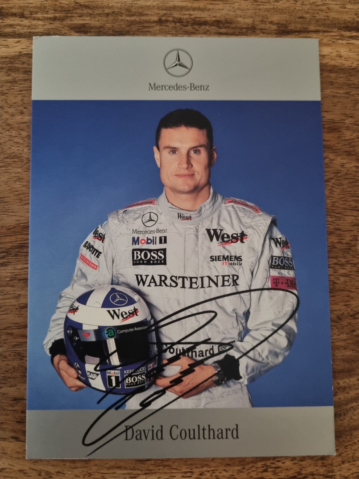Gesigneerde David Coulthard Mercedes-Benz F1 kaart, Verzamelen, Ophalen of Verzenden, Zo goed als nieuw, Formule 1