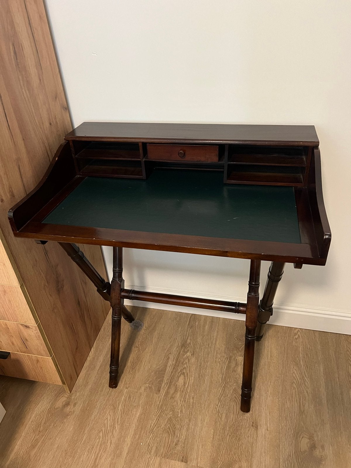 Antiek Secretaire / Bureau met Groen Leren Blad, Ophalen, Opbergruimte, Gebruikt, Hout