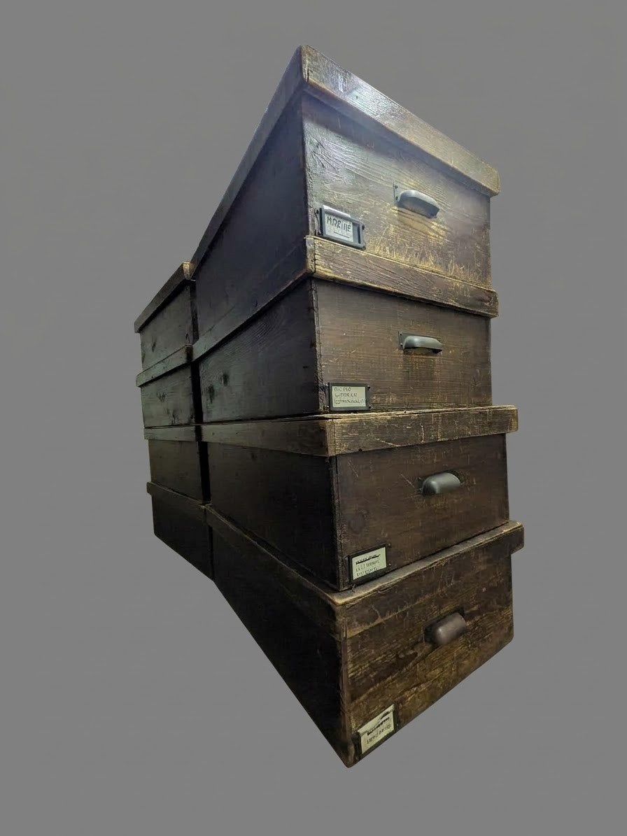 8 antieke industriële houten archiefkisten  ( 50x35x18 cm ), Huis en Inrichting, Ophalen, 25 tot 50 cm, Minder dan 100 cm