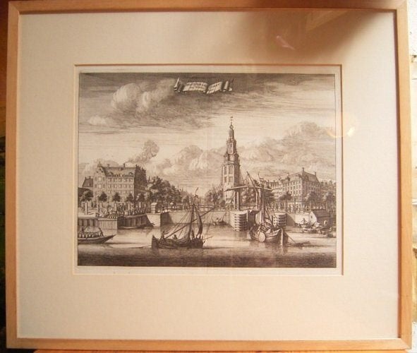 18e eeuwse kopergravure van Amsterdam Montelbaanstoren, Ophalen, Handgekleurd, Stadsgezicht, Gravure