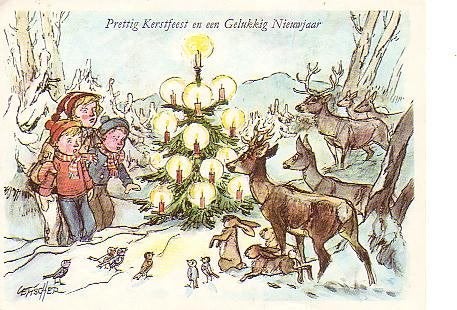 Ansichtkaart 	Dieren	en kerstboom met kaarsjes, Verzenden, 1960 tot 1980, Gelopen, Overige soorten