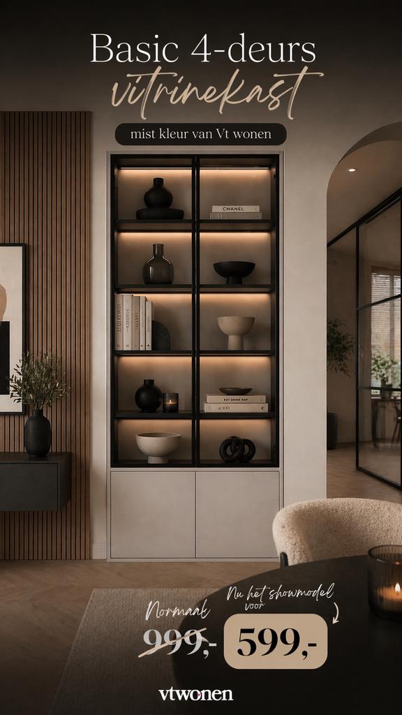 Basic 4-deurs VT-wonen vitrinekast, Ophalen, Japandi, 200 cm of meer, Rj