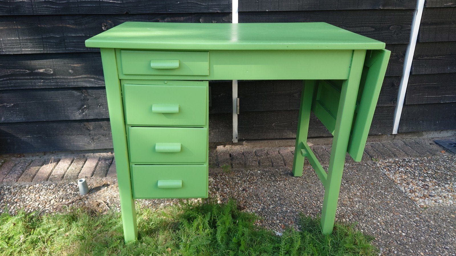 Leuk, oud, groen, uitklapbaar bureau met 4 lades, evt +stoel, Ophalen, Groen, Gebruikt, Vintage