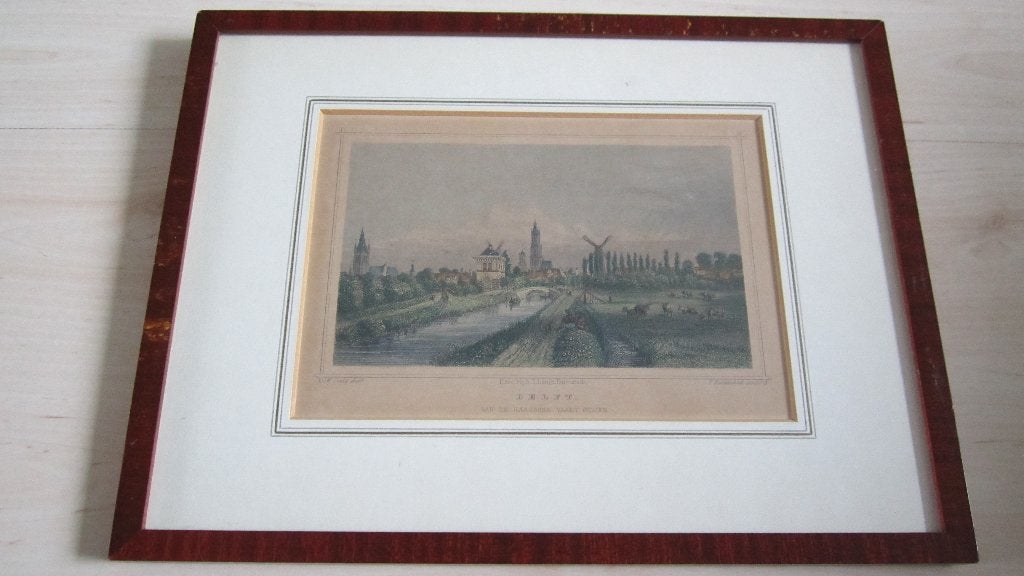 Gravure Delft "van de Haagsche Vaart gezien"  ( ongev. 1850), Handgekleurd, 1800 - 1899, Stadsgezicht, Ophalen of Verzenden