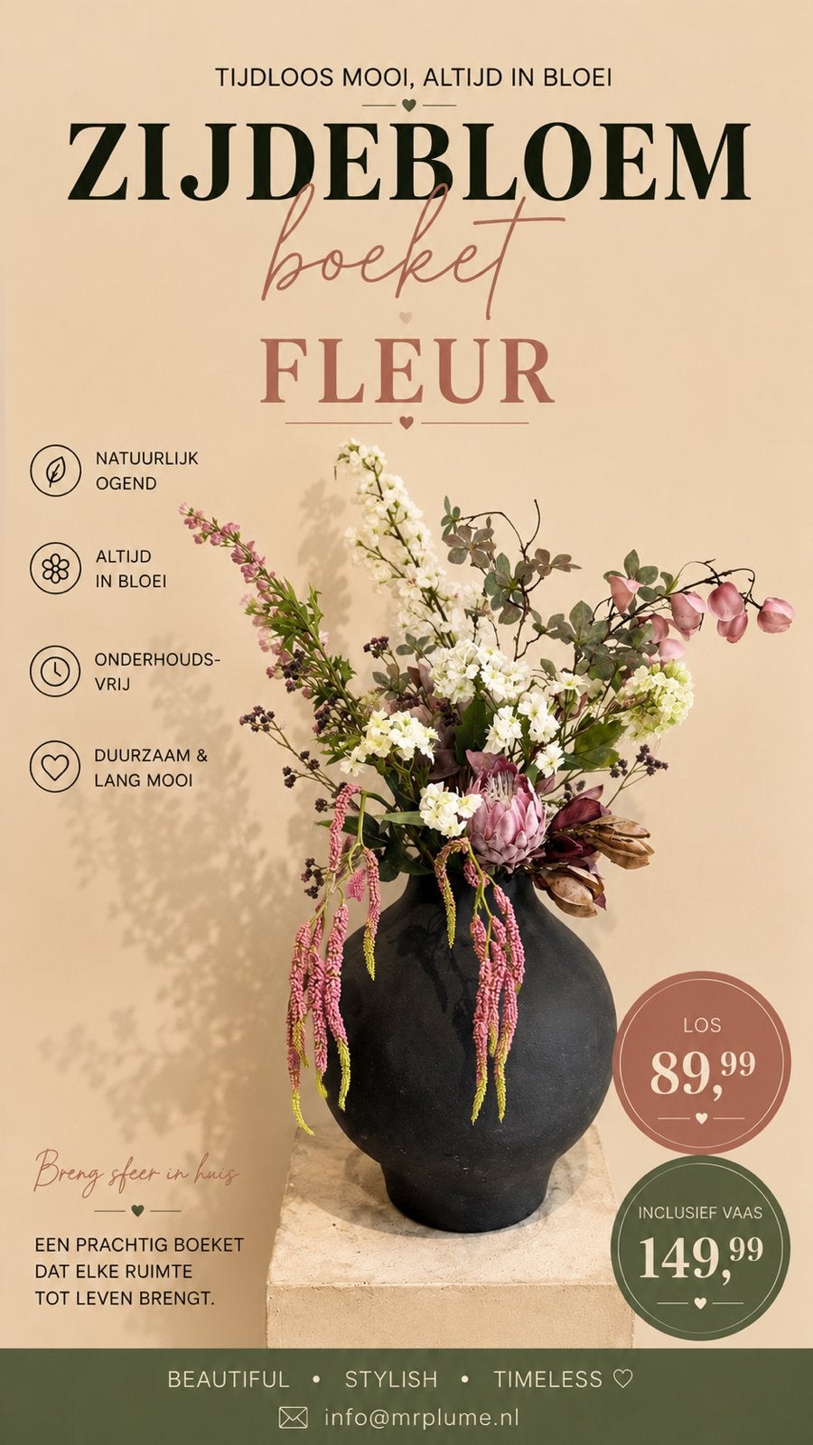 Zijdebloemen Boeket- Altijd in Bloei, Overige materialen, Overige kleuren, Nieuw, Ophalen of Verzenden