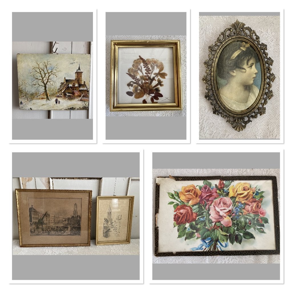 Brocante schilderijtjes - prentje - tekening - miniatuurtje, Ophalen of Verzenden