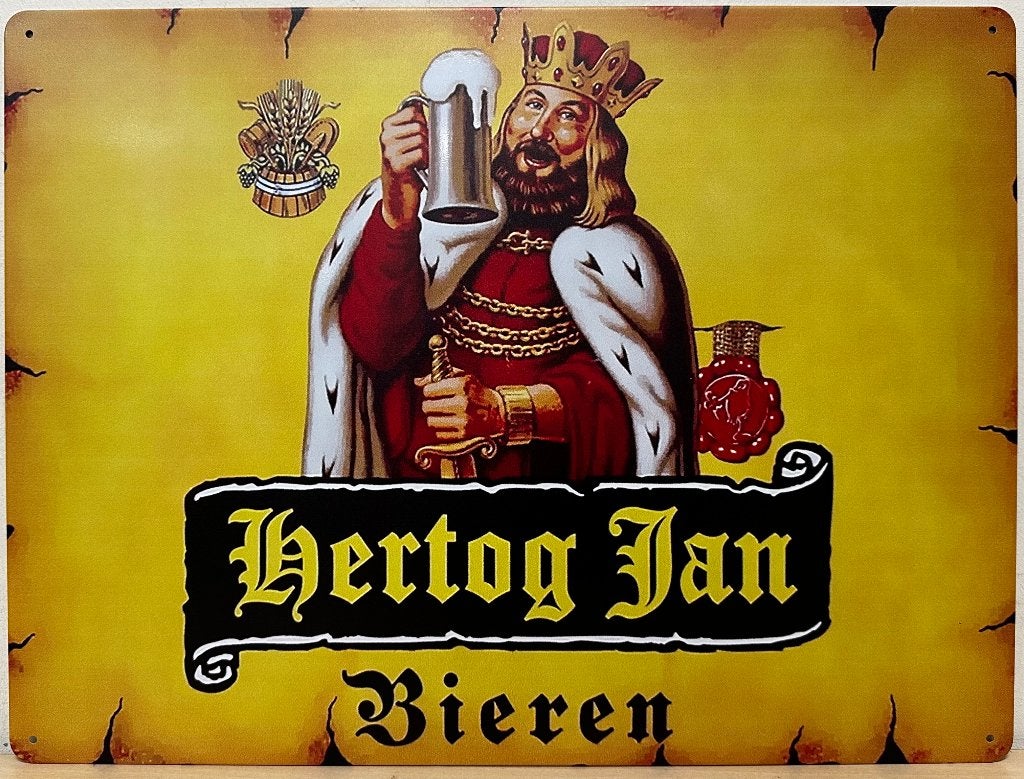 Hertog Jan logo geel reclamebord van metaal wandbord deco