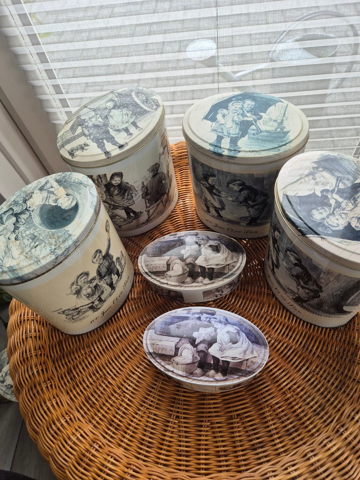 Vintage blikken 'Ot en Sien' voor koekjes, thee of koffie, Verzamelen, Blikken, Ophalen of Verzenden