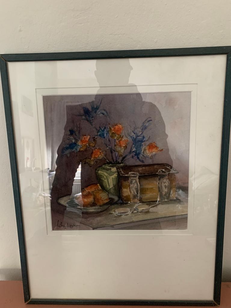 Aquarel stilleven met bloemen en fruit, gesigneerd., Ophalen of Verzenden