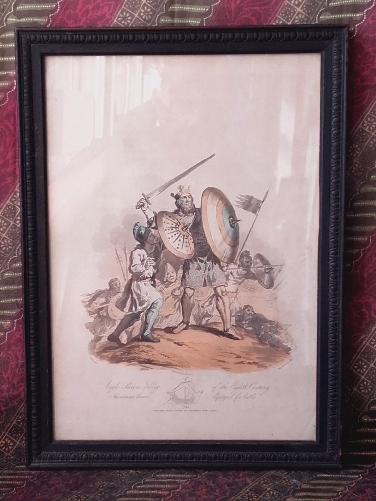 Anglo Saxon King antieke ingelijste ets uit Engeland 41 cm., 1800 - 1899, Ets, Militair, Handgekleurd