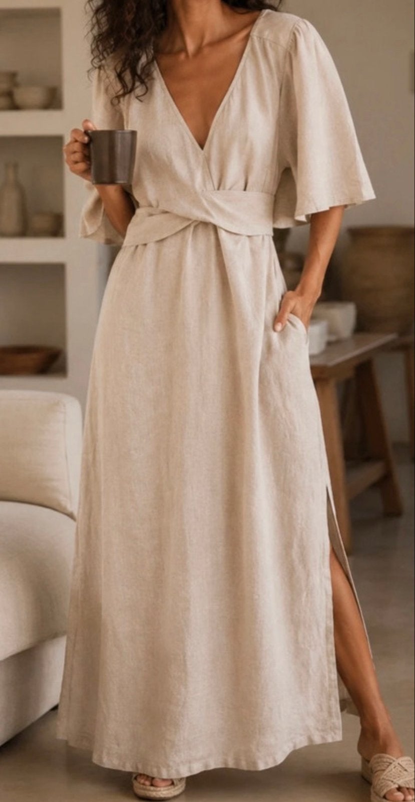 Magic Linen linnen maxi jurk met overslag, maat S, Beige, Ophalen of Verzenden, Zo goed als nieuw, Maat 36 (S)