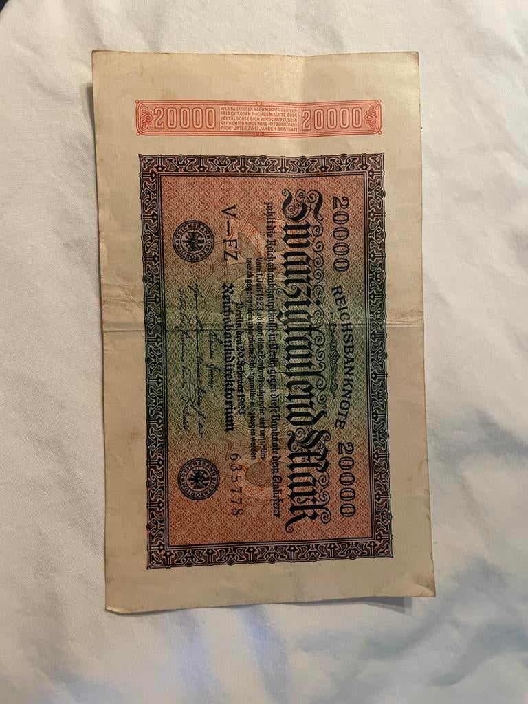 Reichsbanknote 20.000 Mark uit 1923 - Hyperinflatie Duitslan, Postzegels en Munten, Ophalen of Verzenden, Duitsland, Los biljet