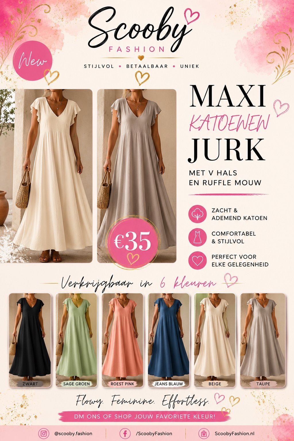 Maxi Katoenen Jurk met V-hals en Ruffle Mouw, Maat 38/40 (M), Meerkleurig, Nieuw, Ophalen of Verzenden