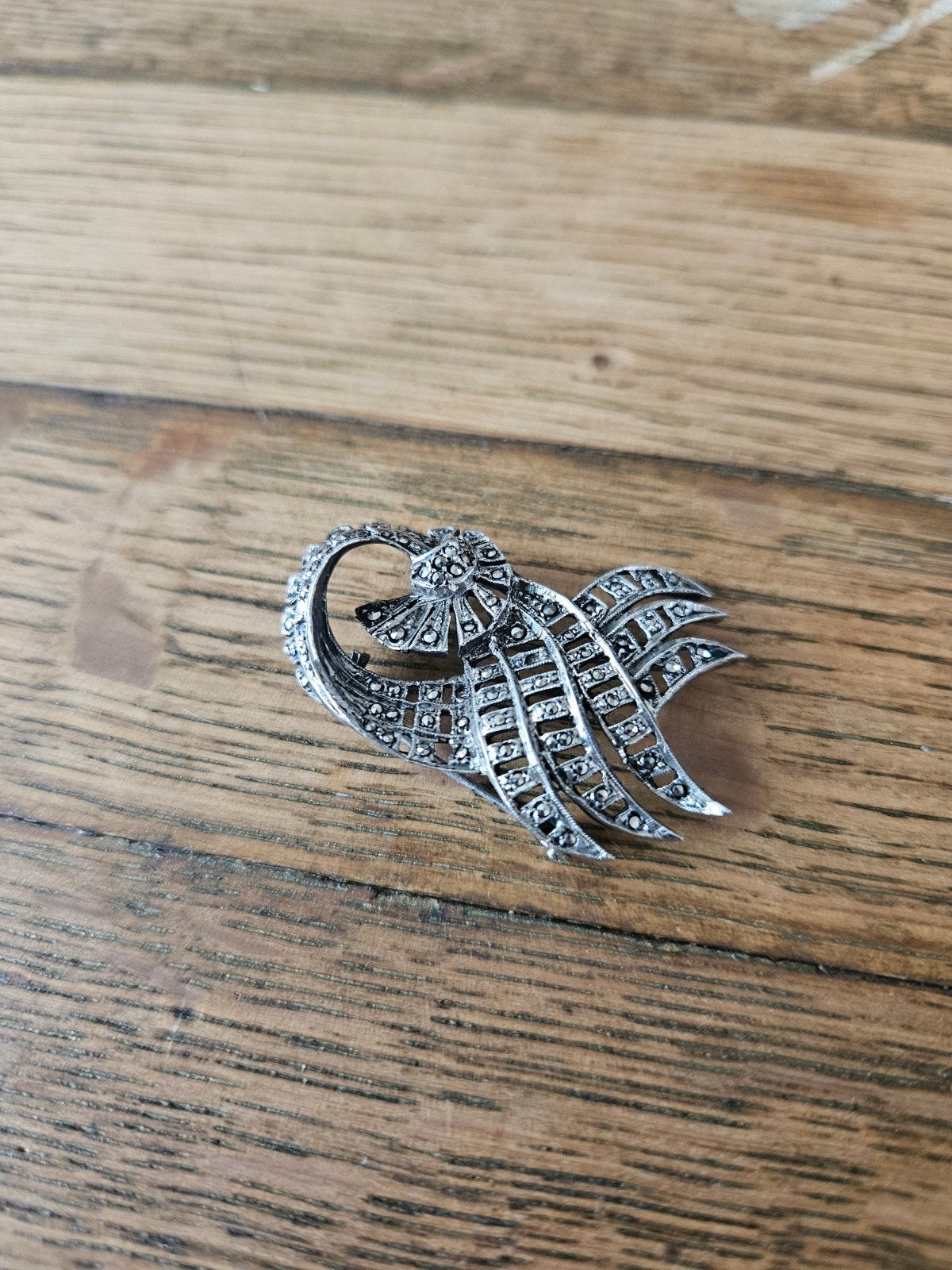 Vintage Zilveren Marcasiet Broche – Art Deco Vogel (SBE), Ophalen of Verzenden, Zo goed als nieuw, Zilver, Zilver