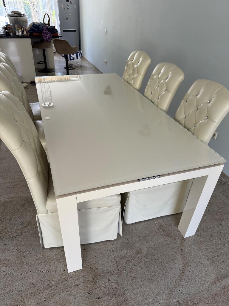 Eettafel met 6 leren eetstoelen alleen vandaag BIEDEN, Ophalen, Gebruikt, 50 tot 100 cm, Glas