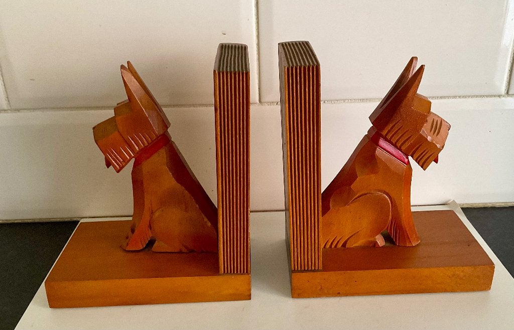 2x  Art Deco Boekensteun met Schotse Terriërs, Houtsnijwerk, Minder dan 20 cm, Art deco, Ophalen of Verzenden
