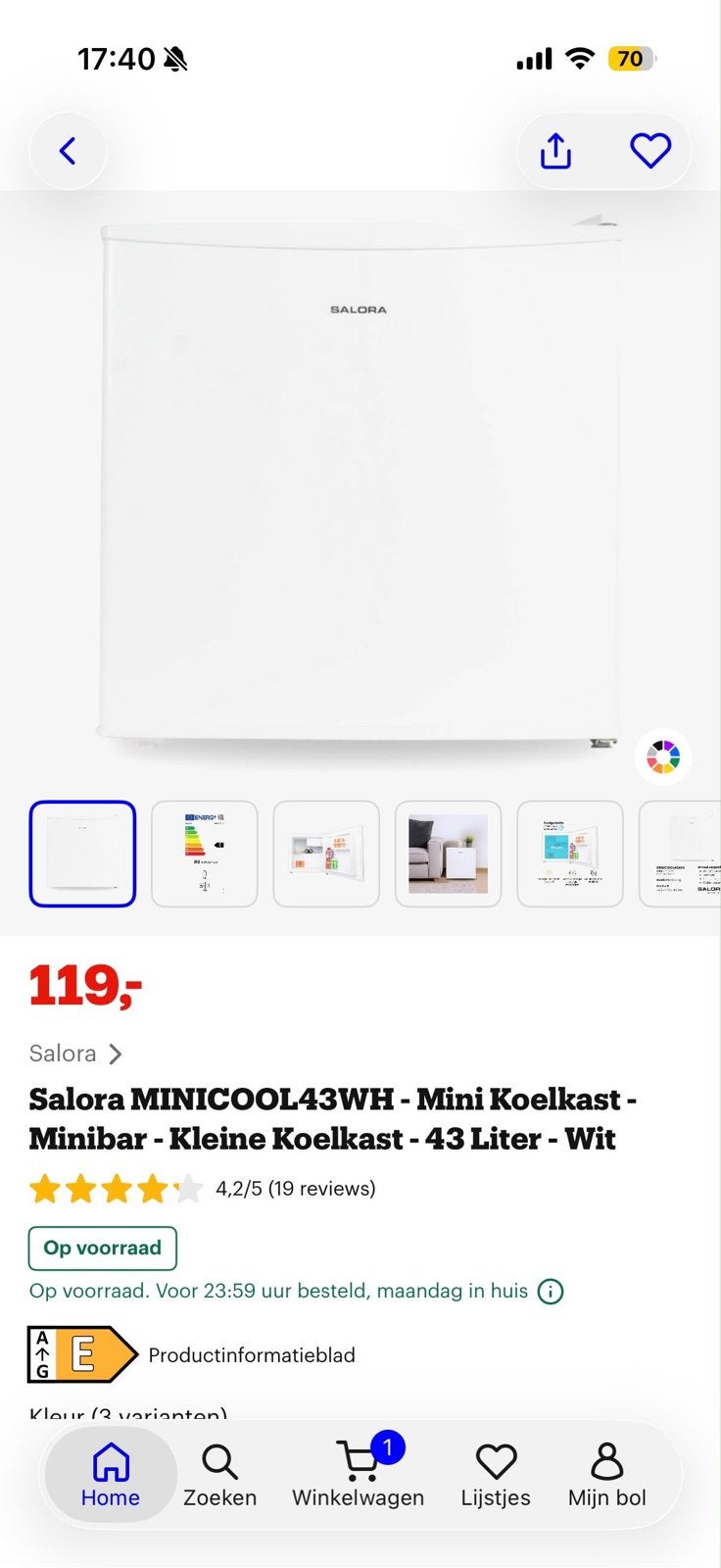 Salora MINICOOL43WH - Mini Koelkast - 43 Liter - Wit, Witgoed en Apparatuur, Nieuw, Ophalen of Verzenden, Minder dan 75 liter