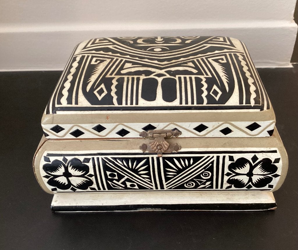 Vintage Maori Sieradendoos Hout Zwart Wit Patroon, Ophalen