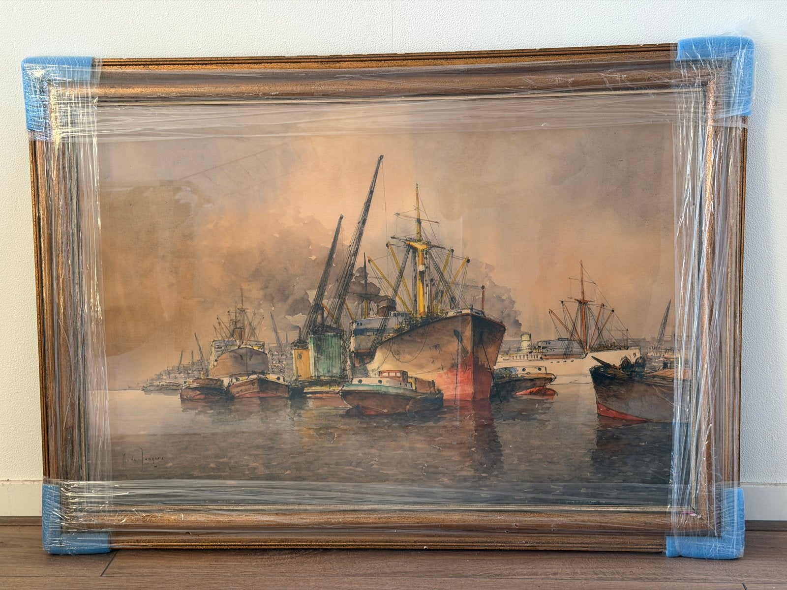 Maritiem schilderij van schepen in de haven - M. de Jongere, Ophalen, Maritiem / water, Realistisch, Gesigneerd