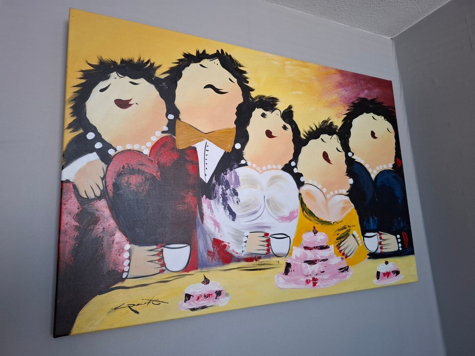 Vrolijk schilderij van dames aan de koffie met gebak, Ophalen