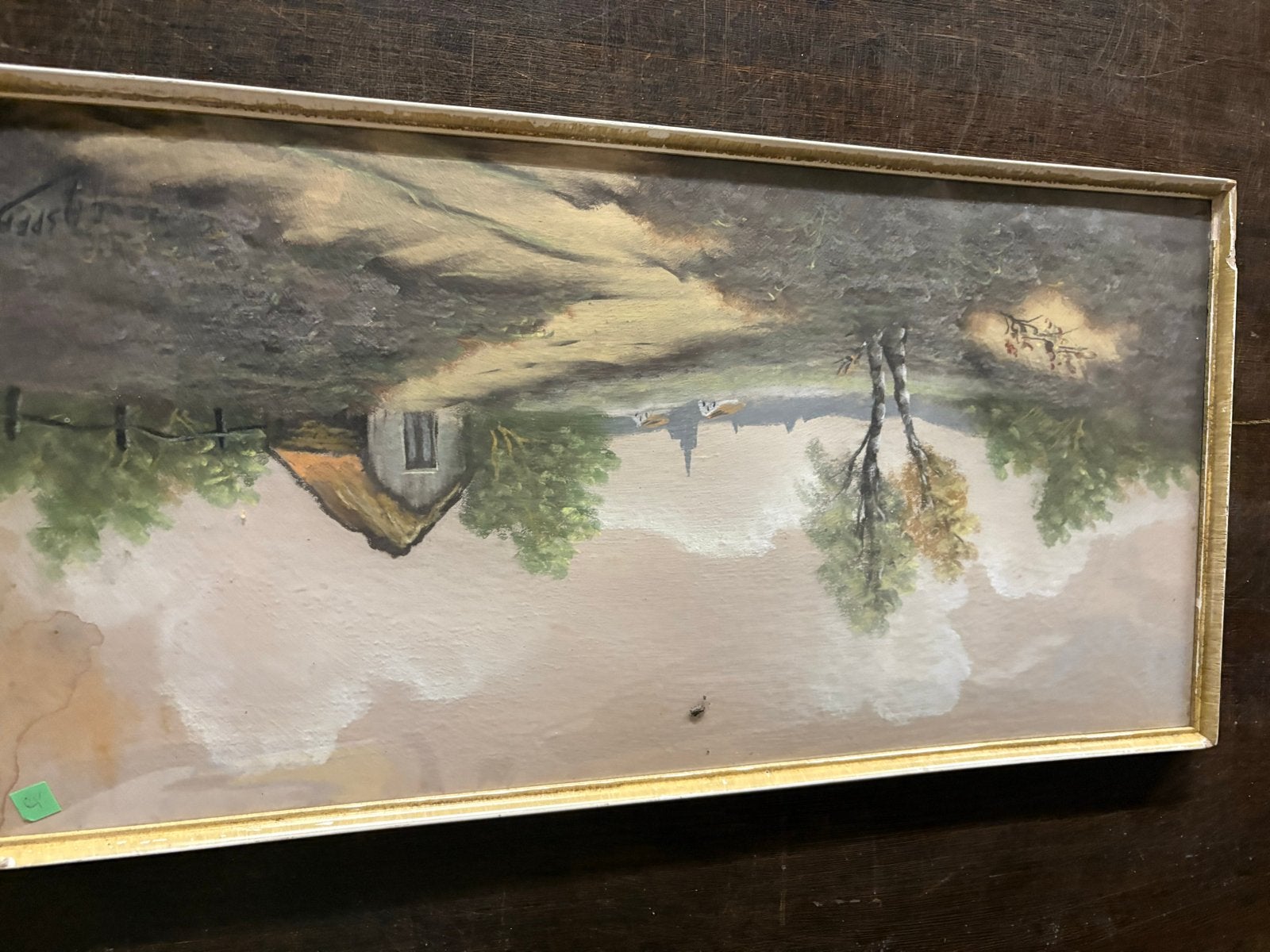 Schilderij: Landschap met boerderij en kerk, Antiek en Kunst, Doek, Ophalen of Verzenden, Gesigneerd, Landschap