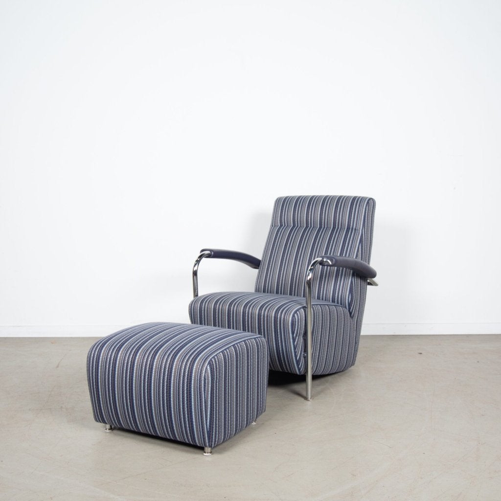 Leolux Scylla Fauteuil Blauw Gestreept Stof/Leer + Hocker, Huis en Inrichting, Leolux, Zo goed als nieuw, Niet ingevuld, Niet ingevuld
