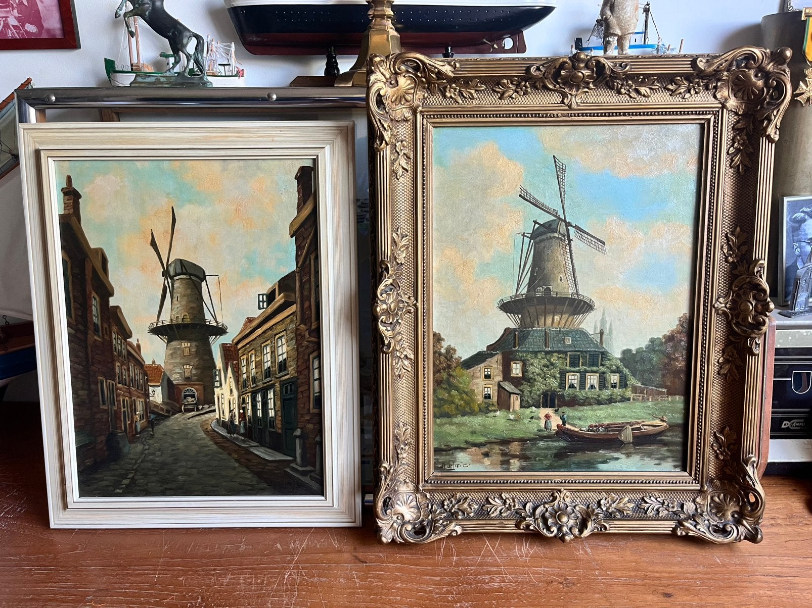 2 schilderijen van Delftse molens (circa 1900/1920), Doek, Impressionistisch, Ophalen of Verzenden, Olieverf