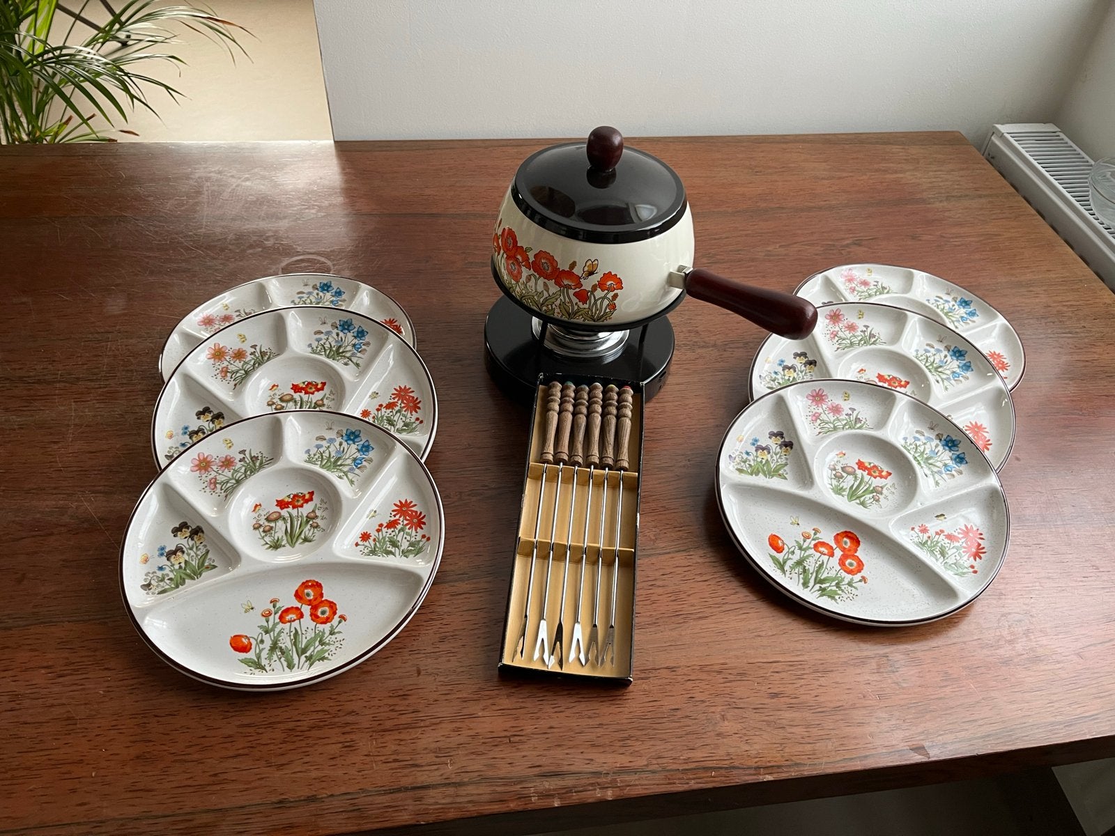 Wildflower Fondue Set met Borden en Vorkjes, Ophalen, Gebruikt, Overige merken, Keramiek