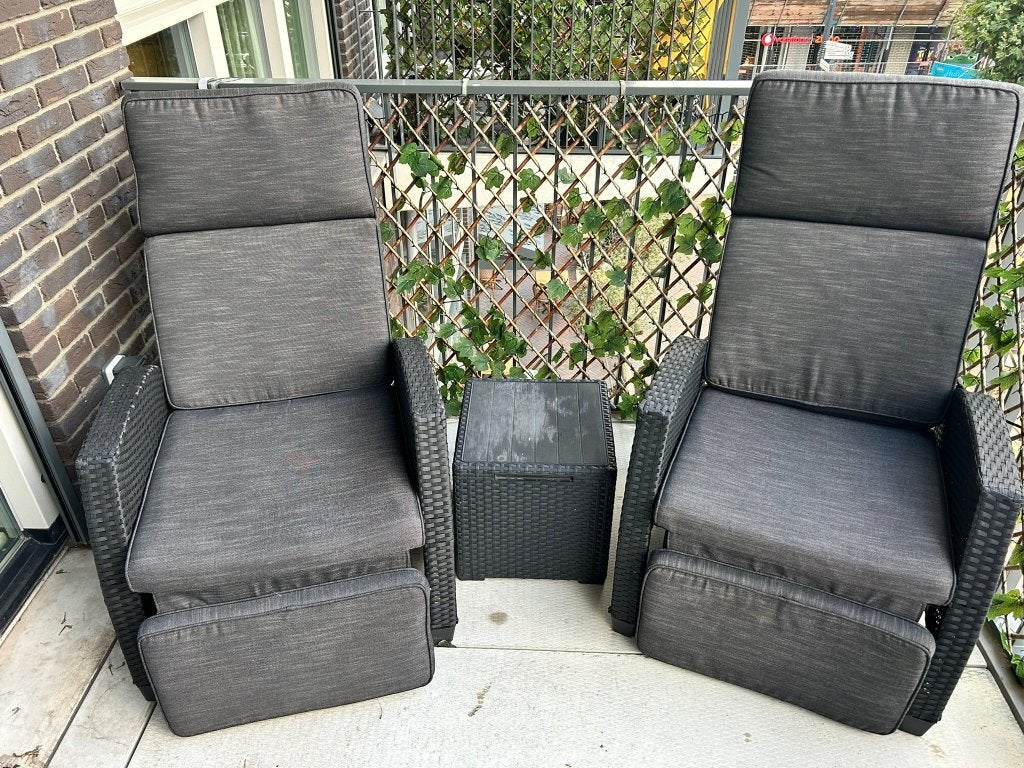 2 Luxe Lounge Tuinstoelen met Voetensteun, Tuin en Terras, Ophalen, Zo goed als nieuw, Wicker, Verstelbaar