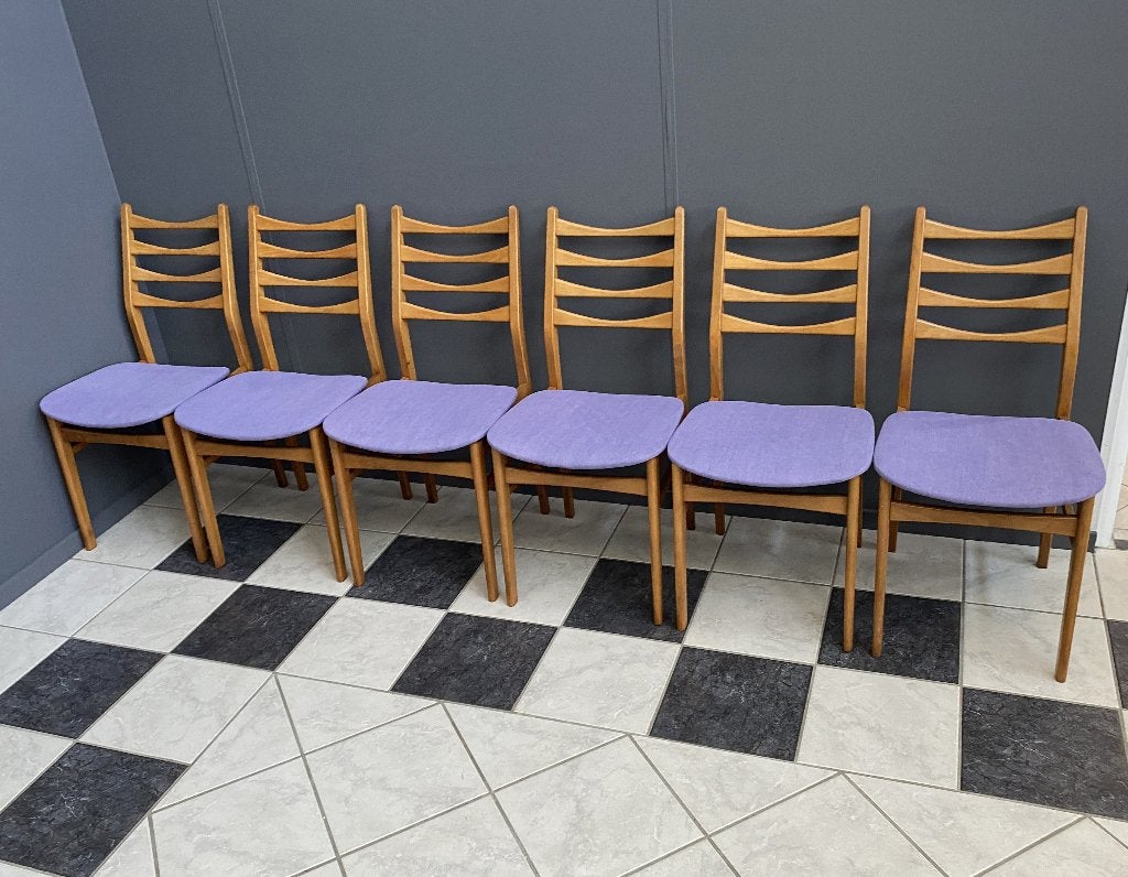 60 jaren 6 stoelen opnieuw bekleed lila met roze waas erover, Ophalen, Hout, Overige kleuren, Vintage