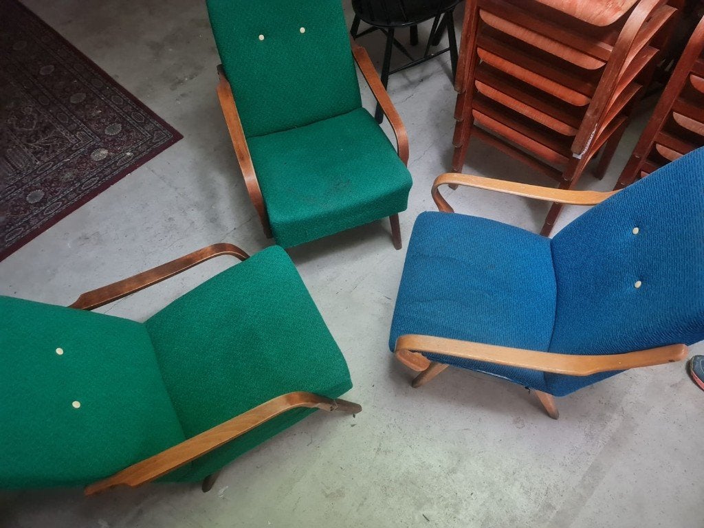 Vintage fauteuils (3 stuks) + salontafel, Ophalen, Gebruikt, 100 tot 125 cm, 50 tot 75 cm