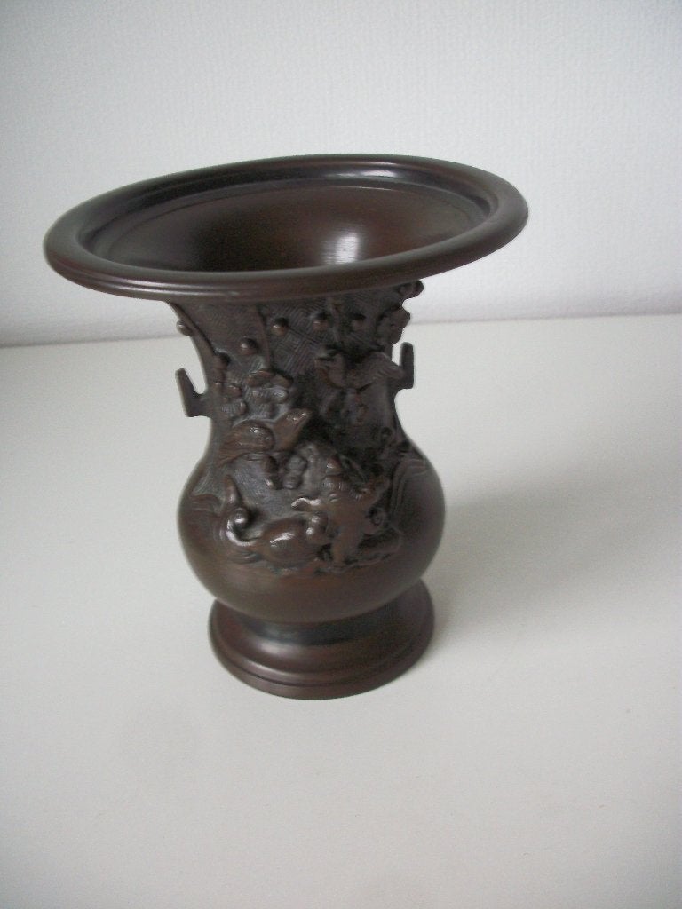 Antieke/Vintage Bronzen Vaas met Vogeltjes - 12 cm - netjes, Antiek en Kunst, Ophalen of Verzenden, Brons