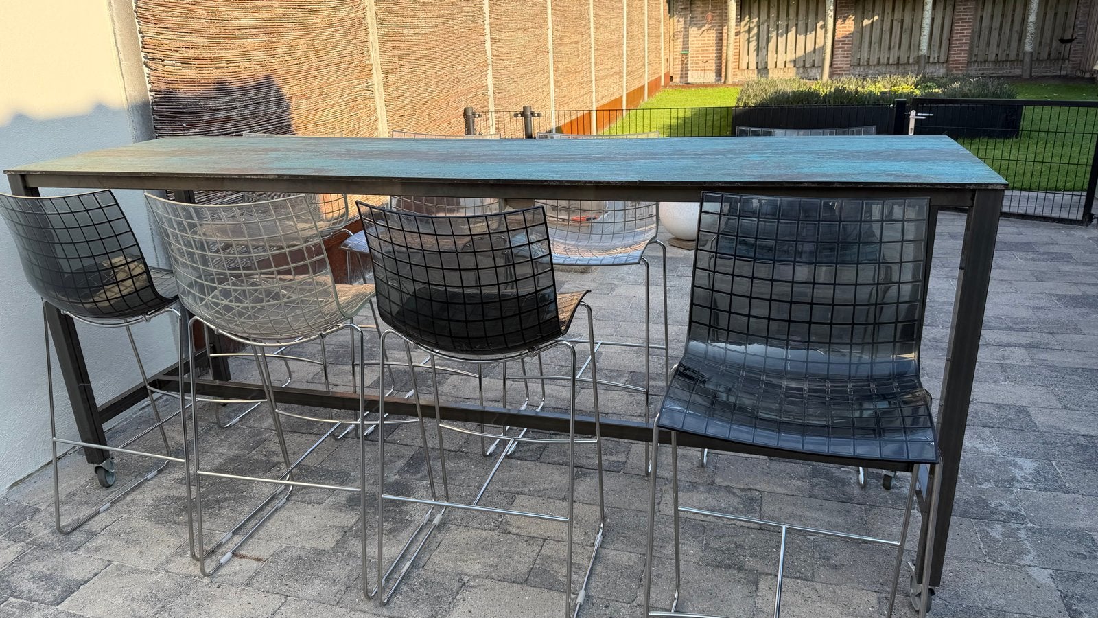 Set van 8 Marco Maran barkrukken - transparant en zwart, Huis en Inrichting, Ophalen, 60 tot 90 cm, Metaal, Gebruikt