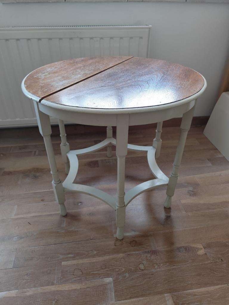 Oud rond houten tafeltje, opknappertje., Ophalen, Gebruikt, Rond, Minder dan 55 cm