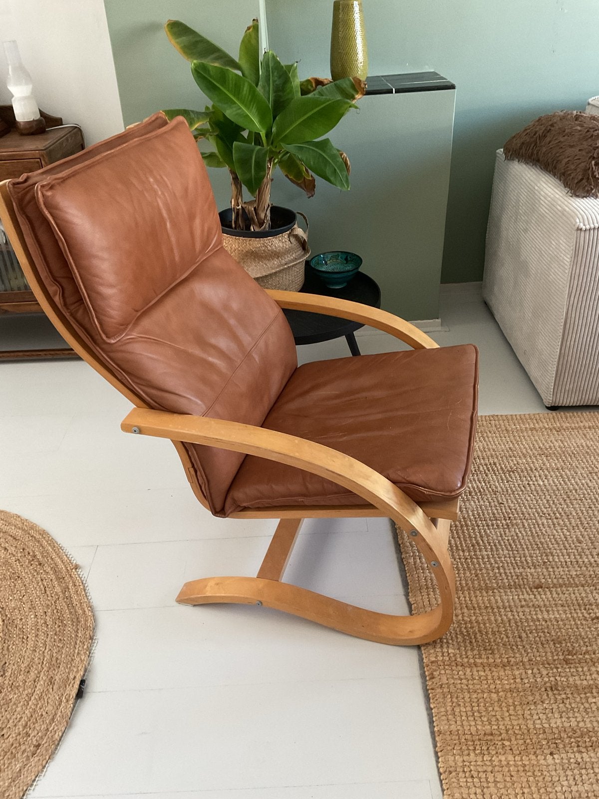 Vintage Ikea Poang met leren zitting, Ophalen, Gebruikt, Bruin, Eén