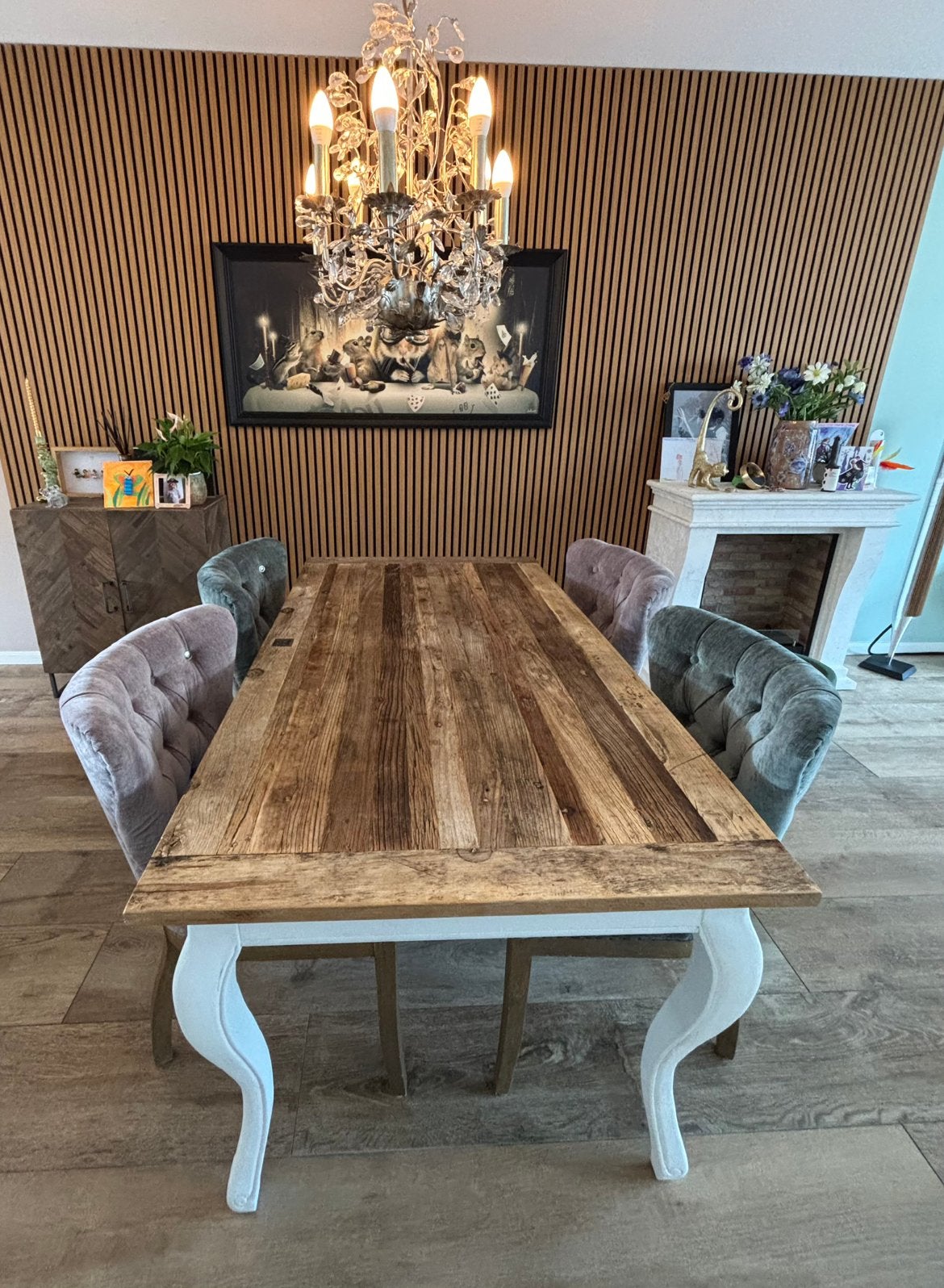 Eettafel Driftwood incl. 4 stoelen van Riviera Maison, Ophalen, Gebruikt, 4 tot 6 stoelen
