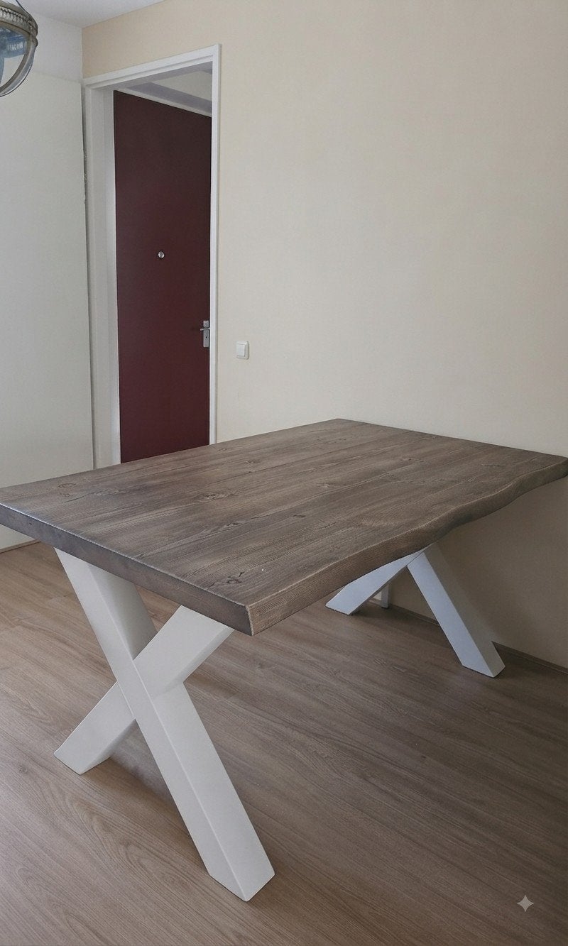 Boomstam eettafel 160x98 met X-poten, Gebruikt, 50 tot 100 cm, Vijf personen of meer, Modern industrieel