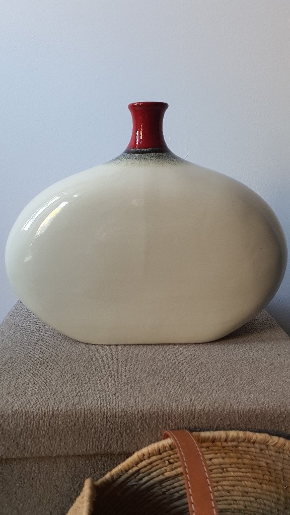 Vintage keramieken vaas crème rood 34 cm, Ophalen of Verzenden